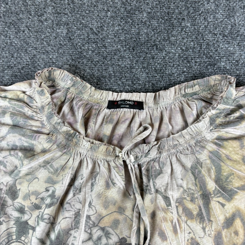 Shlomo Blouse‎ Top Womens Medium Multicolor Floral Cotton Tie Neck Cap Sleeve